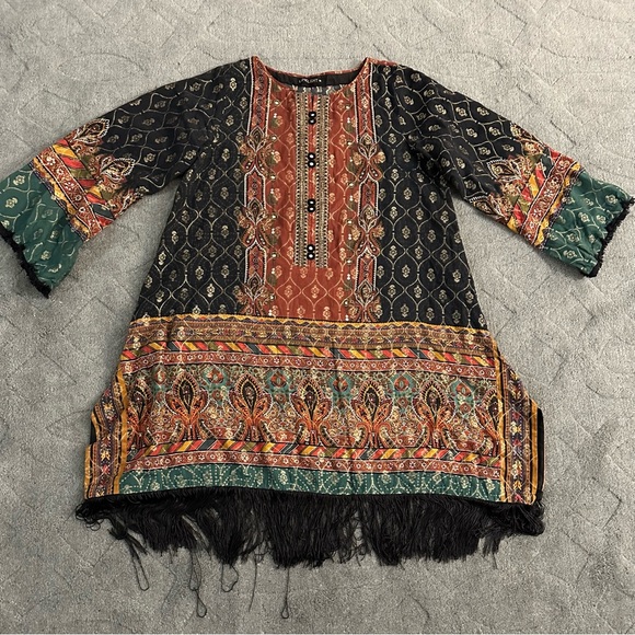 Limelight Pakistan Kurta Top Cotton Self Print Fringe Border Size M Black/Multi - Picture 2 of 12